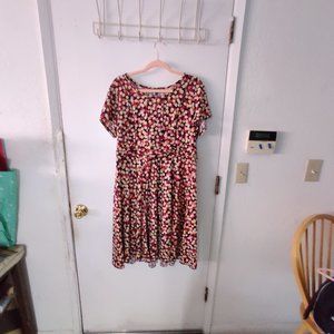 Short Sleeved Black Midi Dress with White, Pink, and Orange Pattern from Sami&Jo
